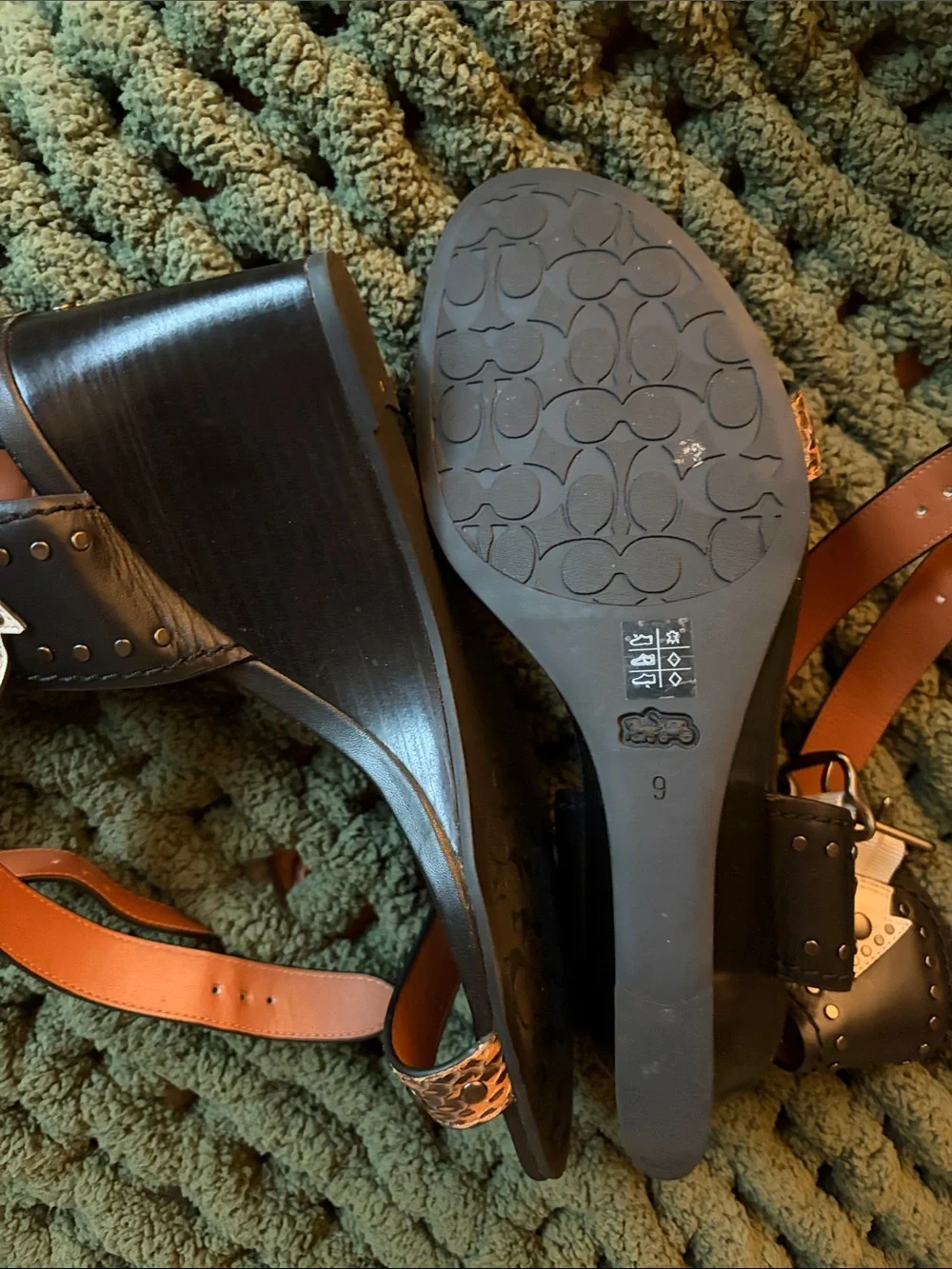Coach Black Wedge Sandals with Cream Straps and Brown Accents